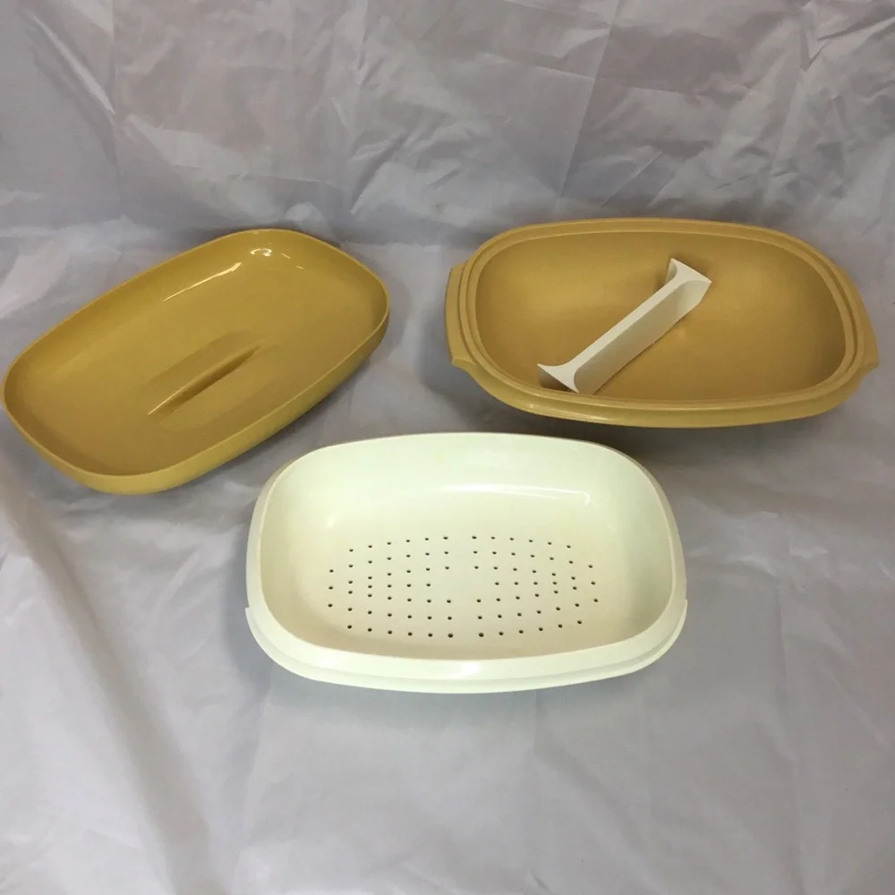 Tupperware Microwave Vegetable Steamer w/ Divider Harvest Gold #1273 4 Pc VTG